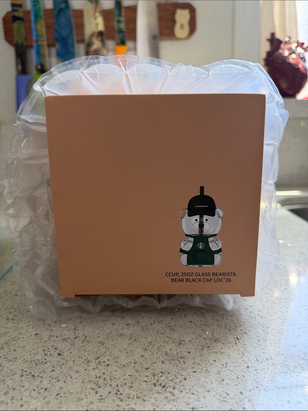 Starbucks Bearista Bear 25oz Glass Cold Cup Black Cap LOC ’26 NIB